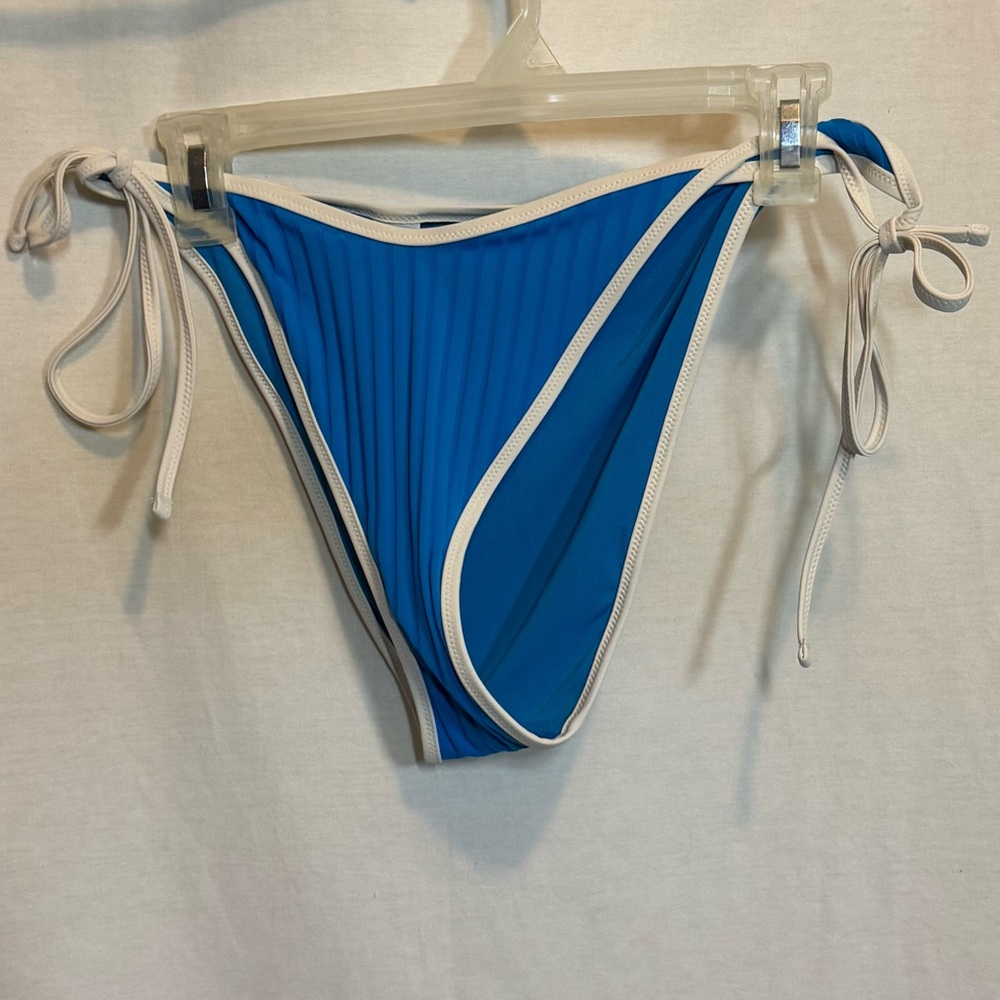 AA-560 Aerie NWT Cheekiest Blue Ribbed Side Tie Summer Swim Bikini‎ Bottoms